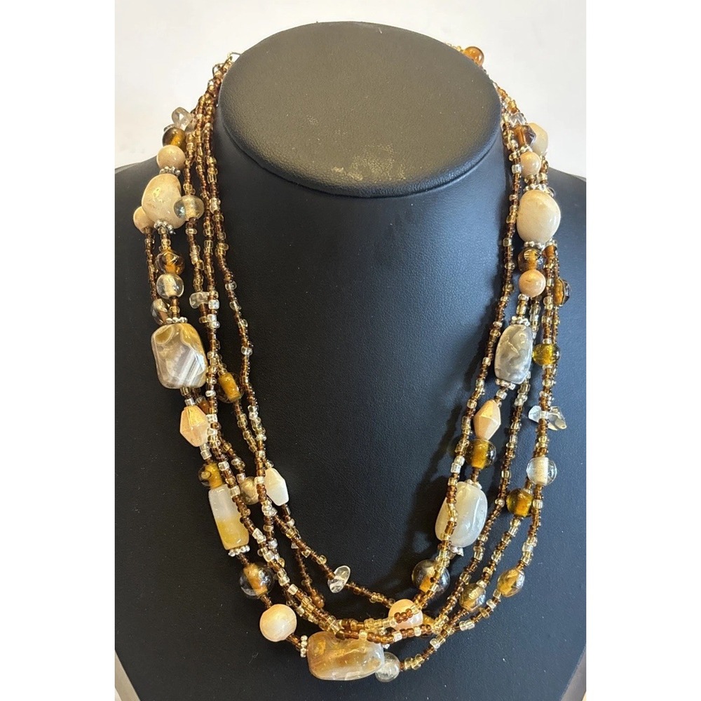19" Vintage Multi-Strand Boho Earth Tone Beaded Necklace - Agate & Stone Accents